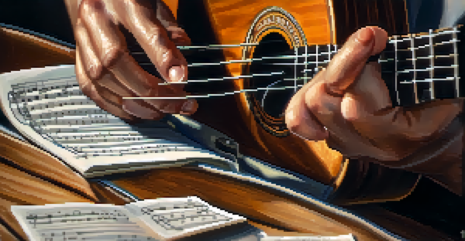 Close-up of a ukulele player's hands strumming the instrument, with musical notes in the background.
