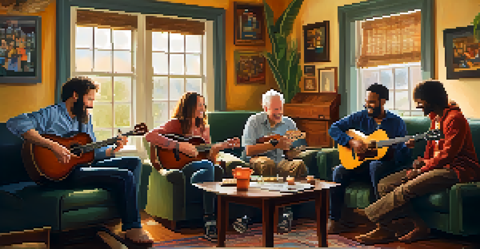 A group of diverse musicians gathered indoors, playing ukuleles and sharing stories in a cozy, warmly lit room.