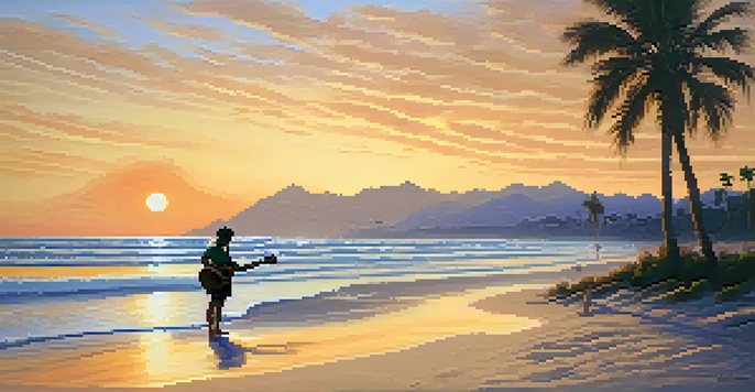 A peaceful beach at sunset with a ukulele on the sand and a person playing it in the distance.