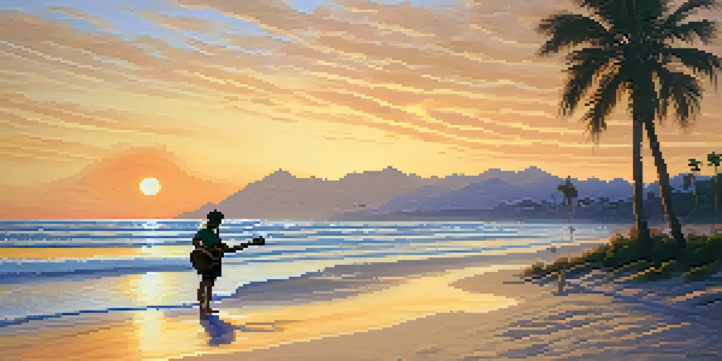 A peaceful beach at sunset with a ukulele on the sand and a person playing it in the distance.
