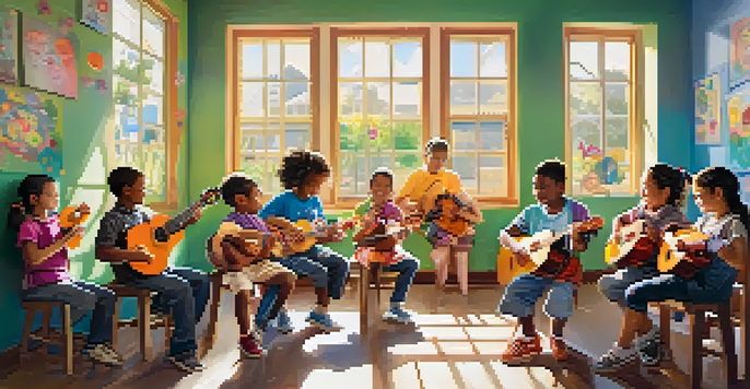 Children in a sunny classroom sitting in a circle, learning to play the ukulele with a smiling teacher.
