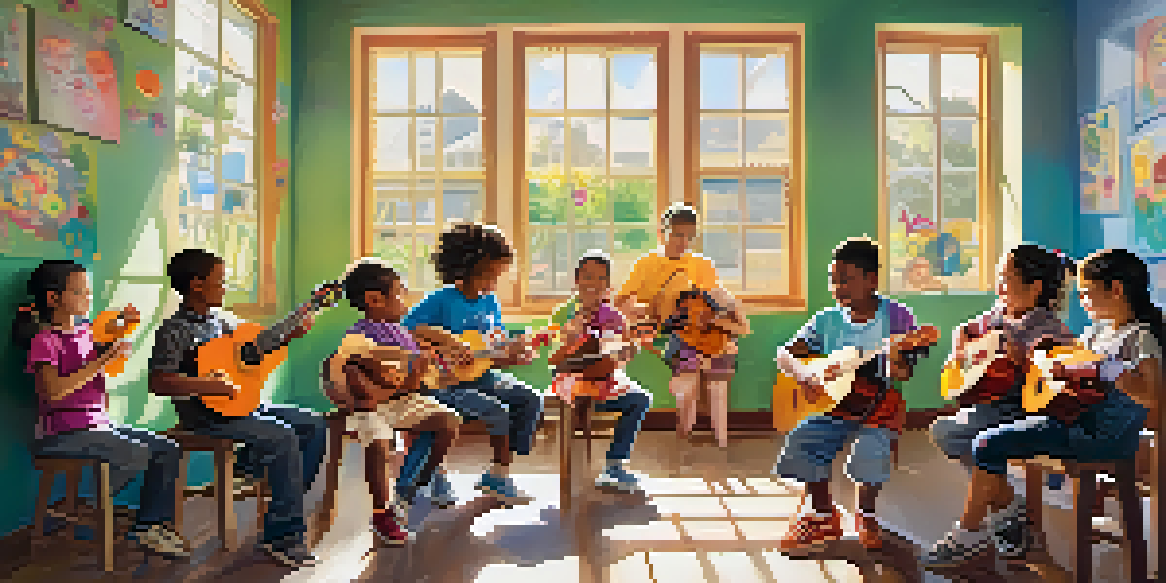 Children in a sunny classroom sitting in a circle, learning to play the ukulele with a smiling teacher.