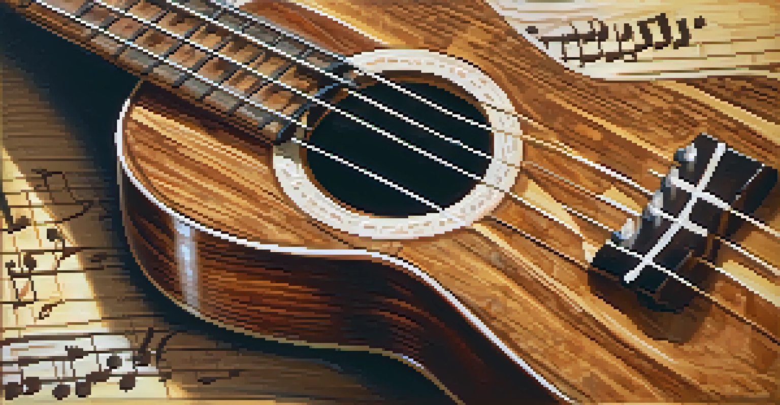 Close-up of a koa wood ukulele showcasing its intricate inlays and glossy finish against a blurred background of musical notes.