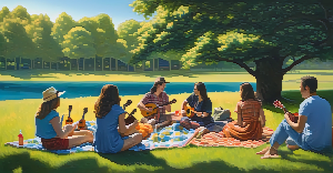 A diverse group of people sitting in a circle on the grass, playing ukuleles together in a sunny park.