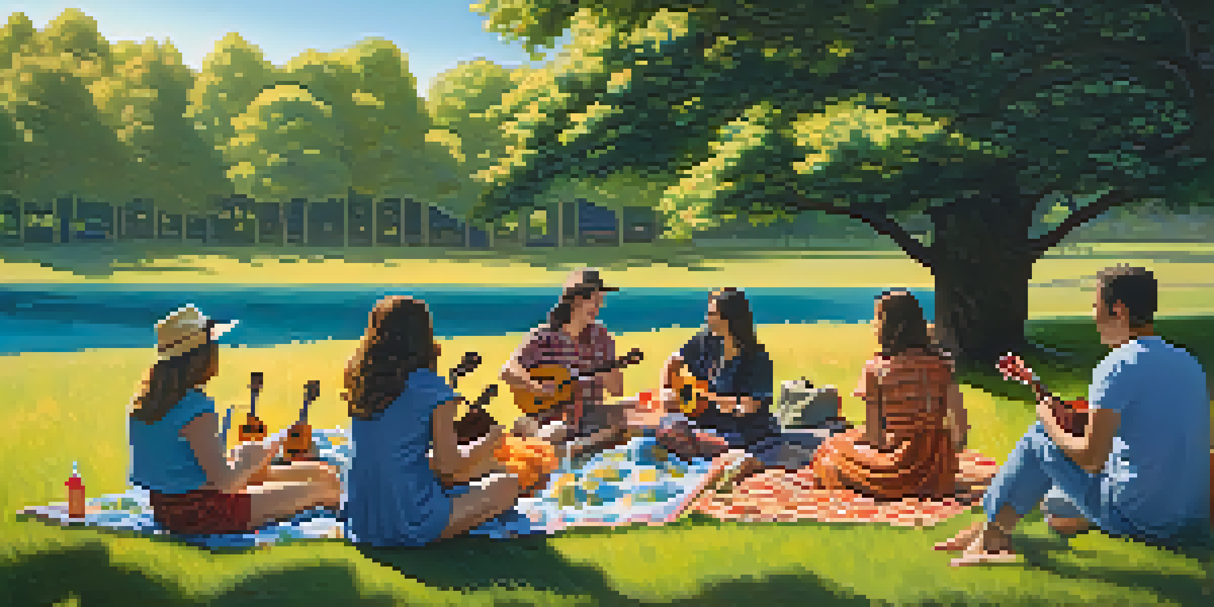A diverse group of people sitting in a circle on the grass, playing ukuleles together in a sunny park.