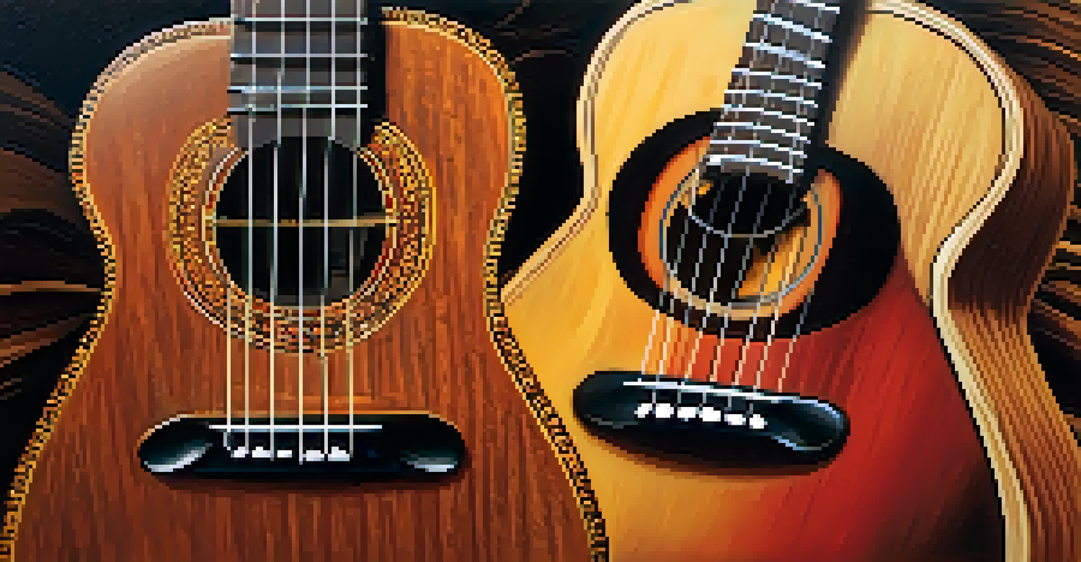 Close-up of two ukuleles held by musicians, showcasing their wood grain and colors.