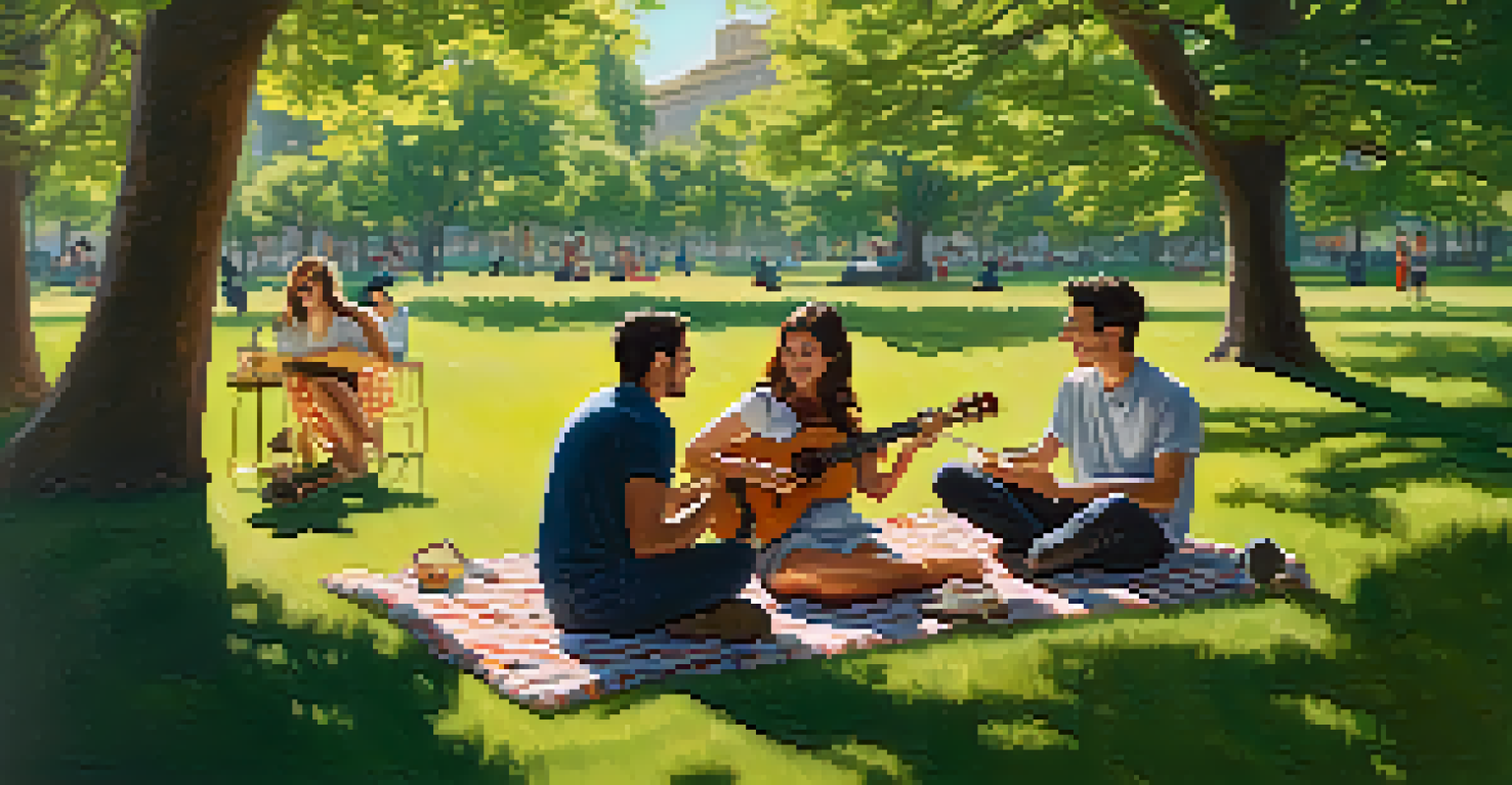 Friends practicing music outdoors in a sunny park, sitting on a picnic blanket.