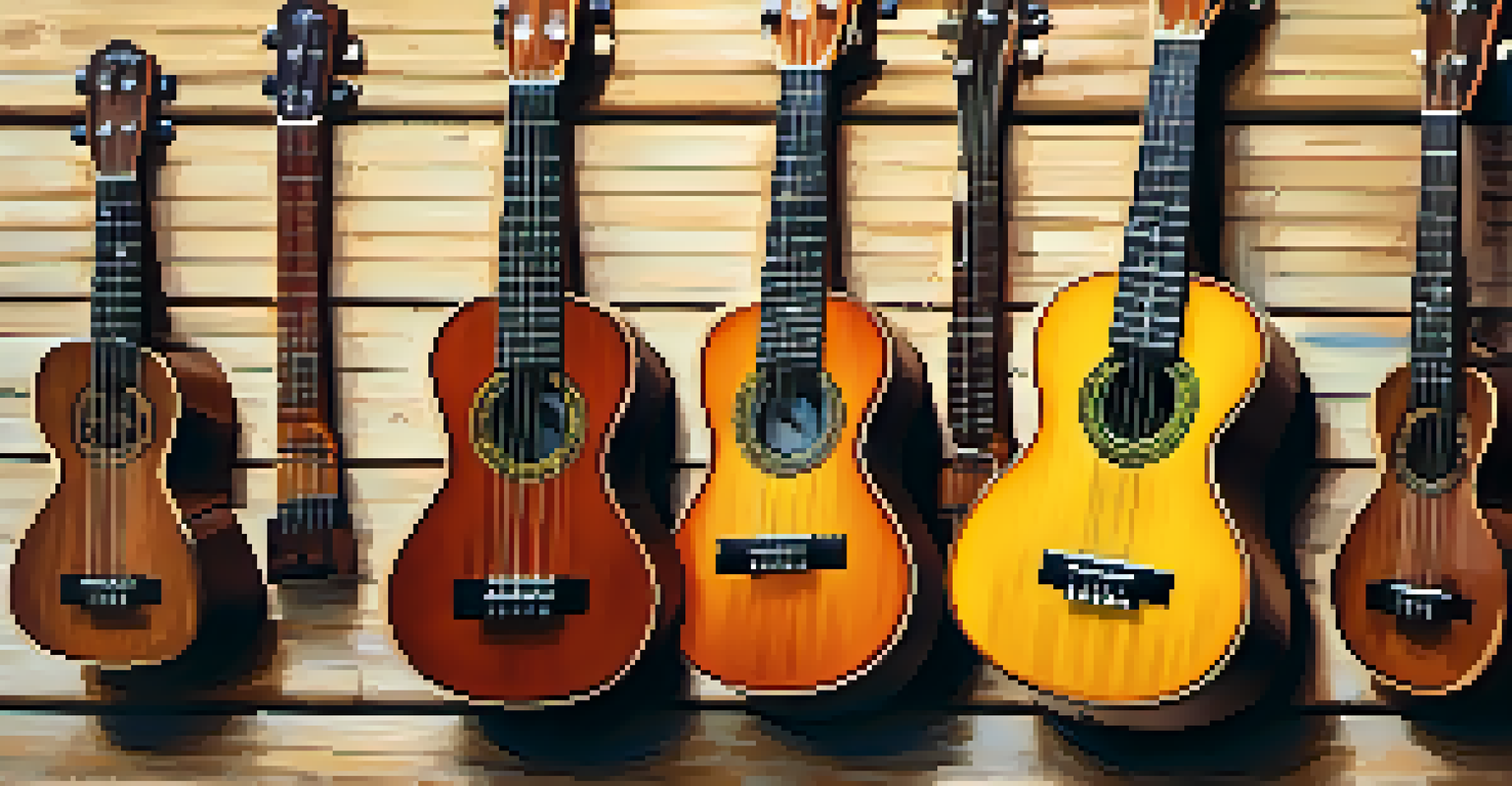 An arrangement of various ukuleles with different designs on a wooden table, accompanied by sheet music and picks.