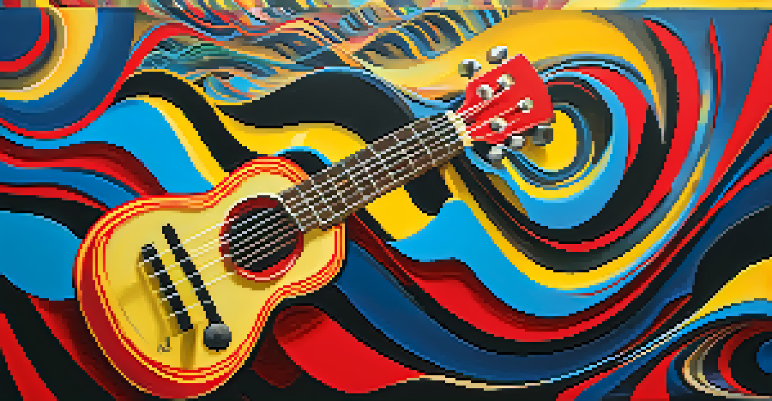 An abstract representation of sound waves blending ukulele tones with metal music riffs in vibrant colors.
