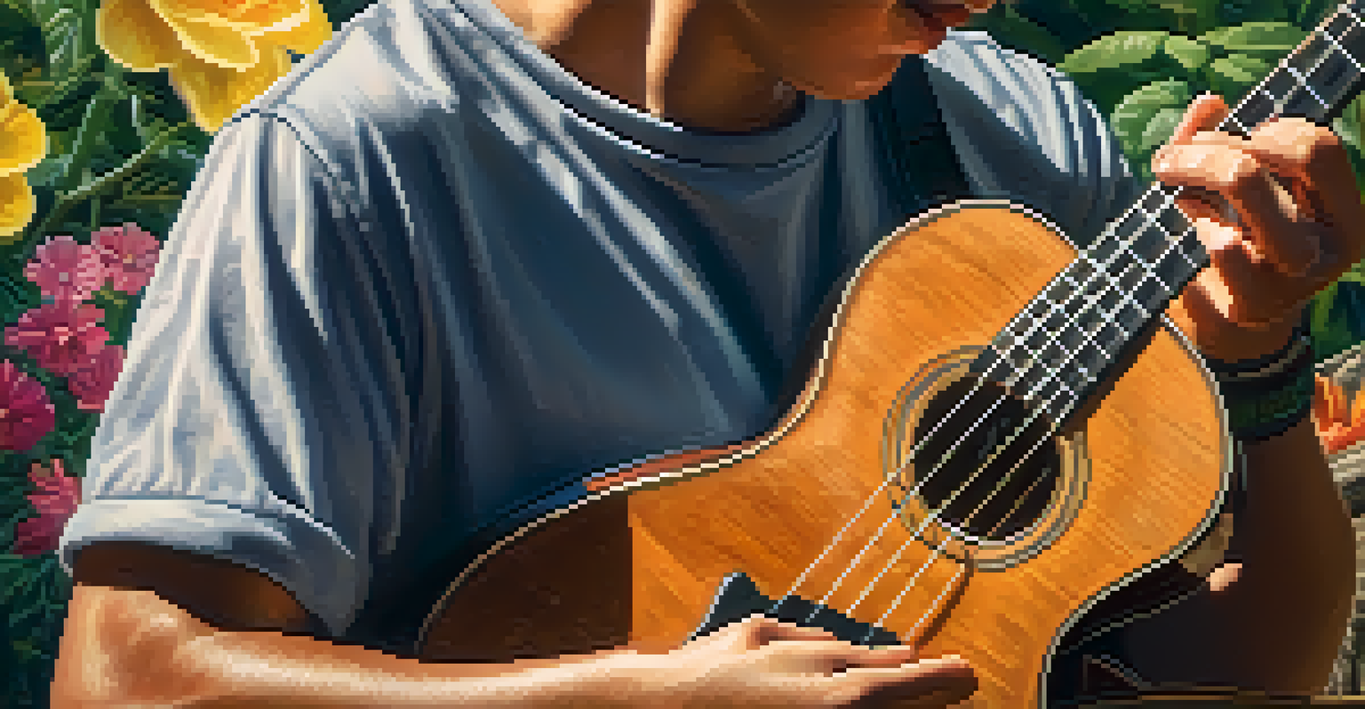 Close-up of hands strumming a ukulele with a garden backdrop and soft flowers in the background.
