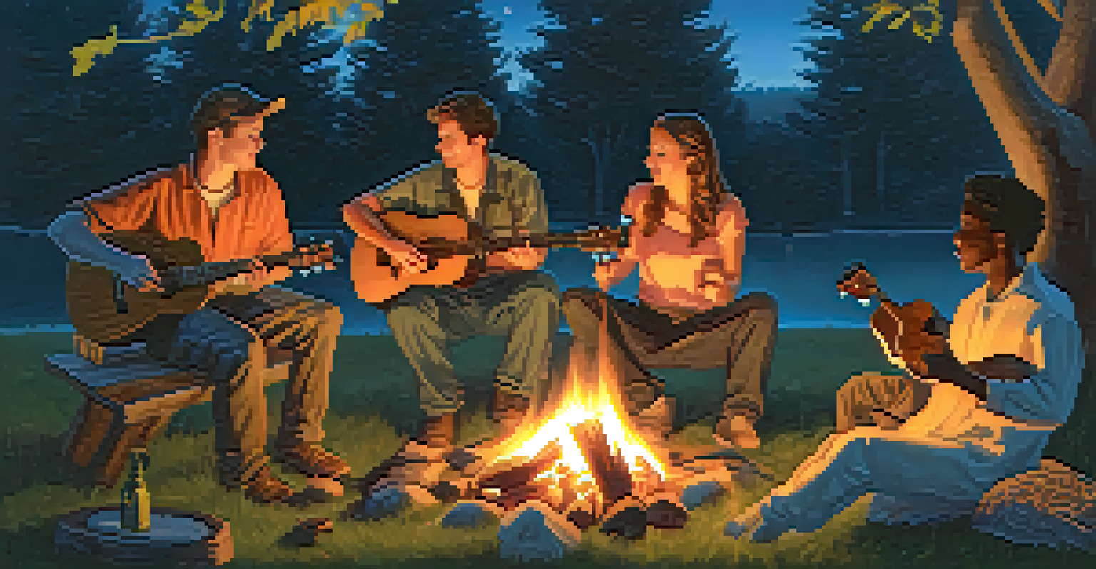 Friends around a campfire at dusk, with one person playing a ukulele, surrounded by trees and roasting marshmallows.