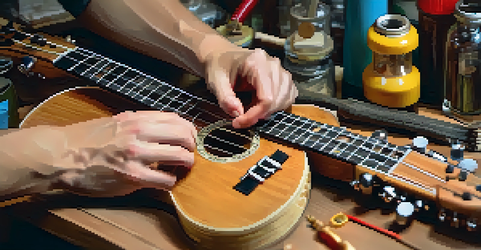 A person adjusting the action height of a ukulele with tools on a workbench, focusing on the hands and instrument details.