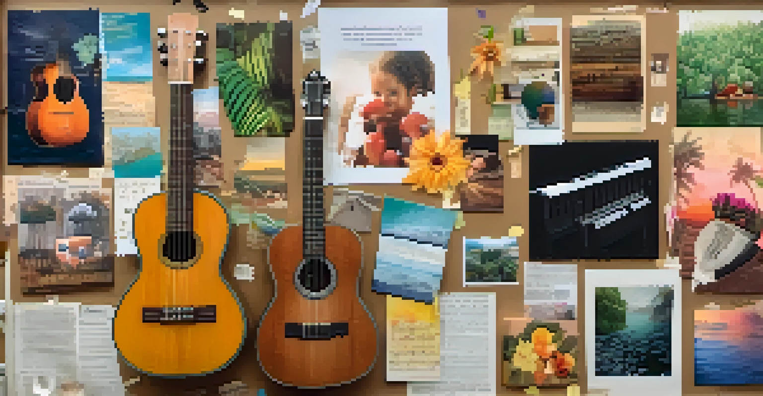 An artistic mood board collage with images related to songwriting, including nature, lyrics, and musical instruments.