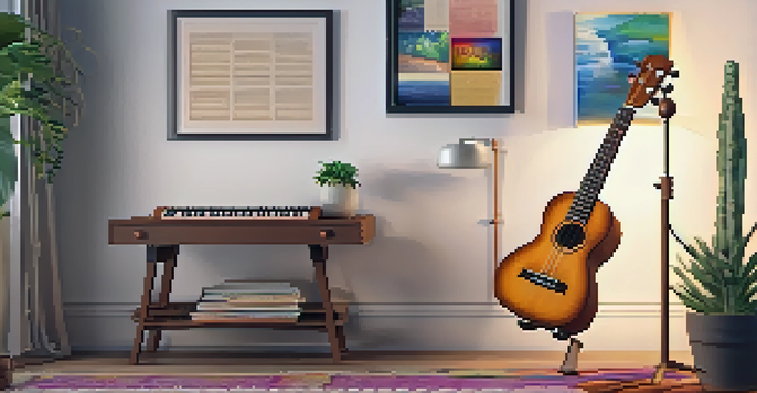A warm and inviting indoor scene with a ukulele on a music stand, colorful sheet music, and a smartphone showing a learning app.
