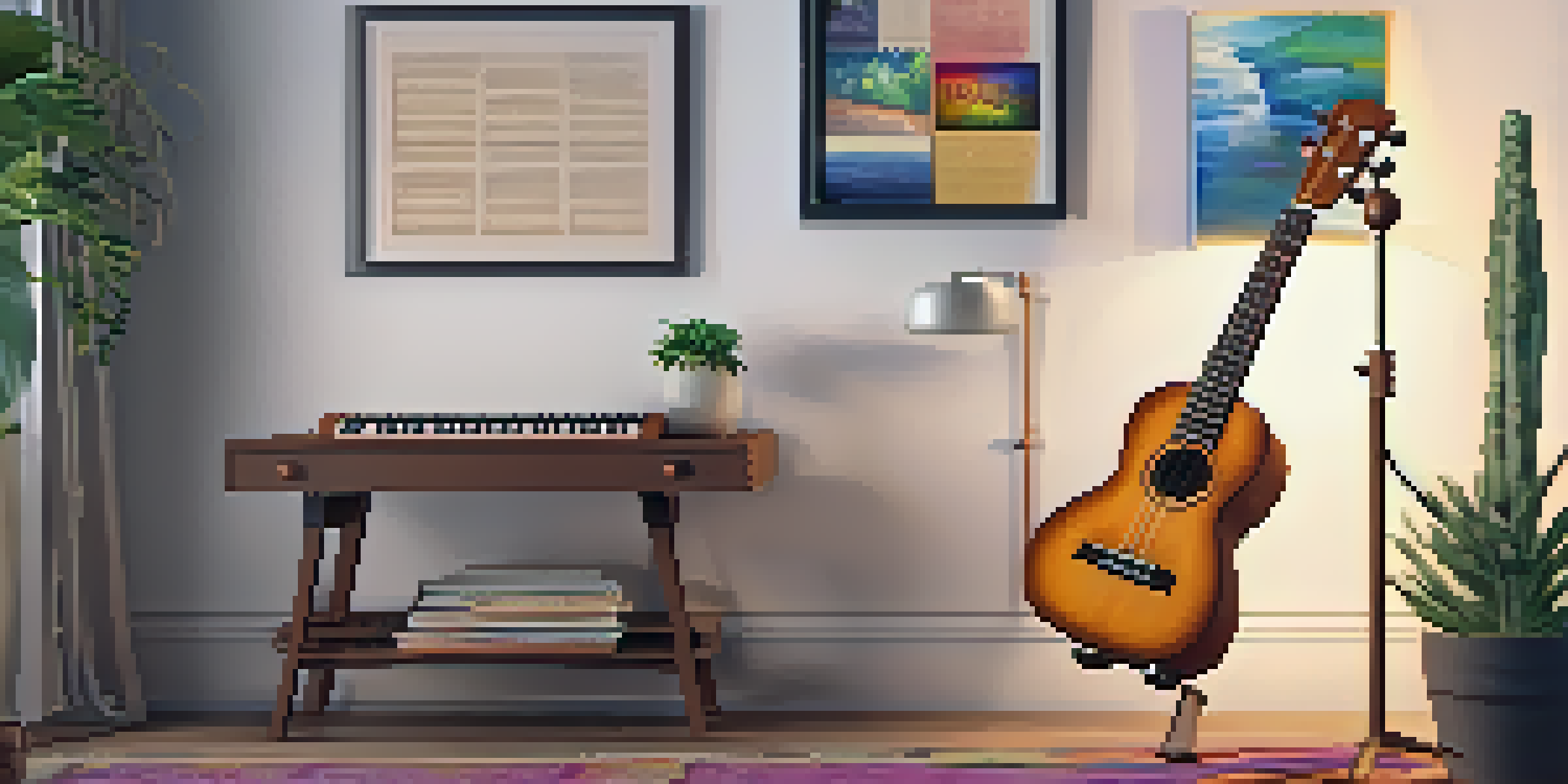 A warm and inviting indoor scene with a ukulele on a music stand, colorful sheet music, and a smartphone showing a learning app.