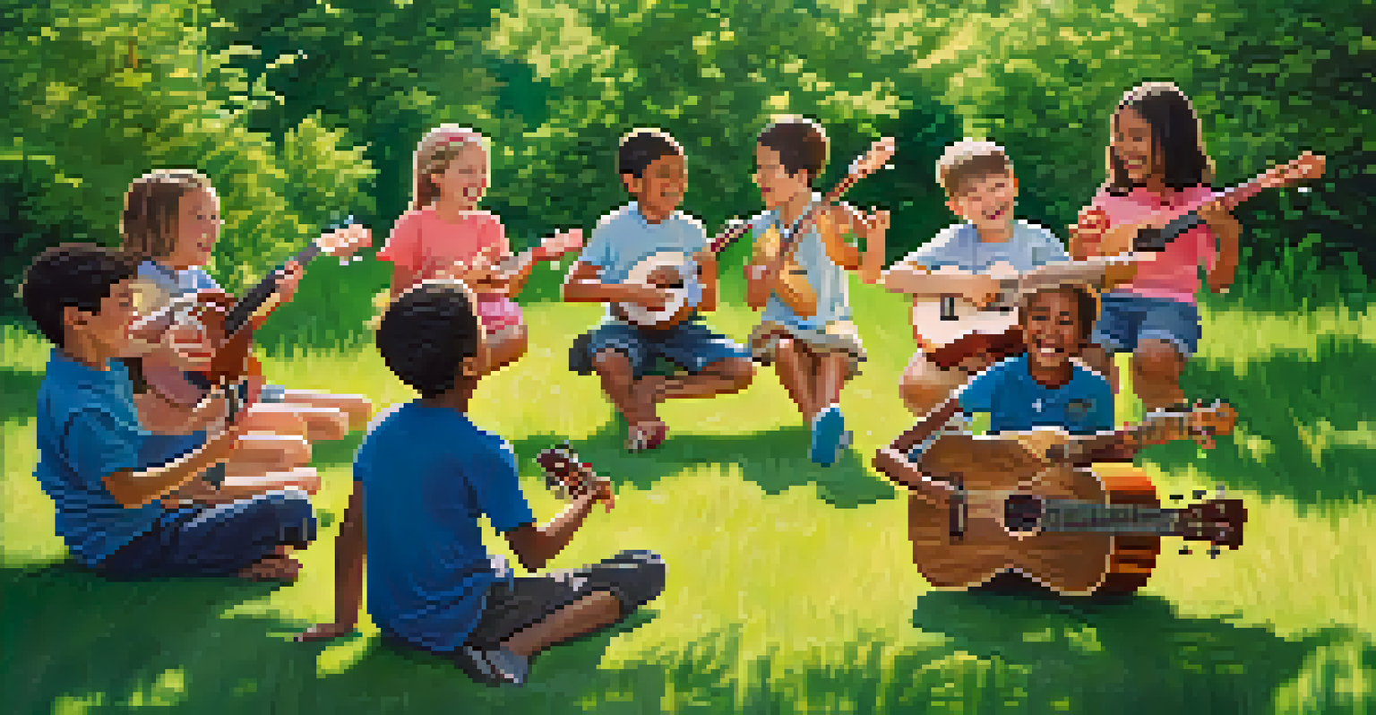 Children participating in an outdoor ukulele circle, enjoying music together in a sunny park setting.