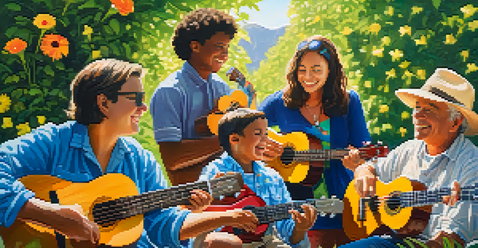 A diverse group of people playing ukuleles together in a sunny park surrounded by greenery and flowers.
