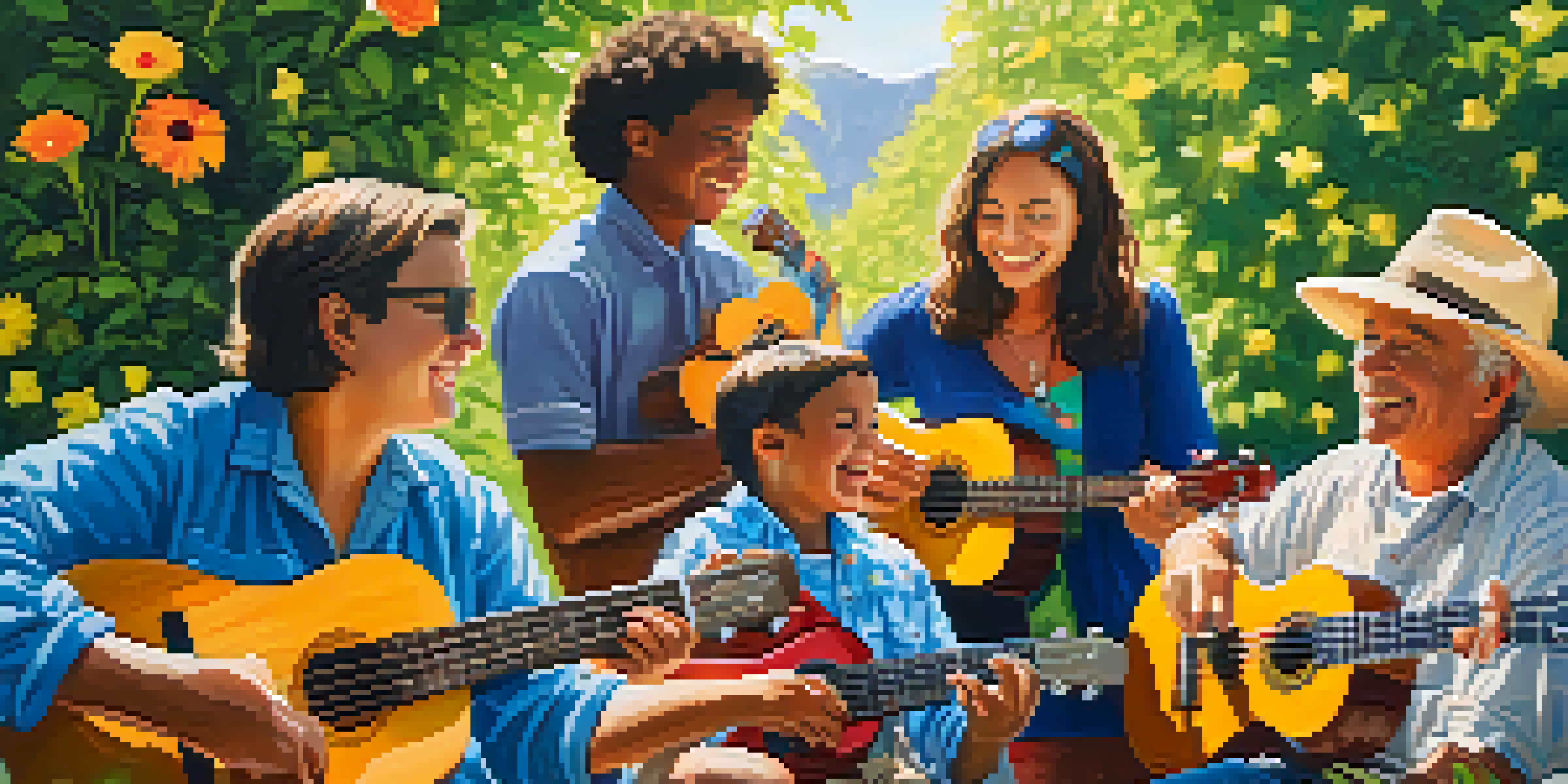 A diverse group of people playing ukuleles together in a sunny park surrounded by greenery and flowers.