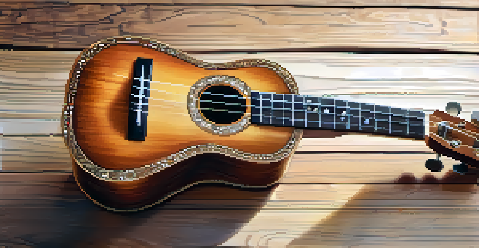 A close-up view of a beautifully crafted ukulele on a rustic wooden table, with soft natural light illuminating it.