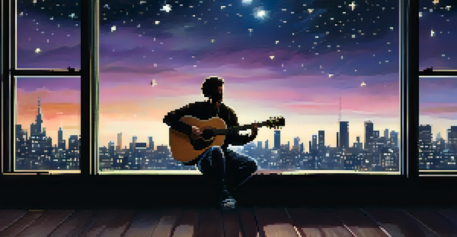 A musician playing guitar on a rooftop at night, with a city skyline and starry sky in the background.