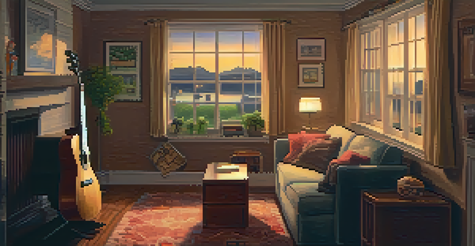 A person sitting on a couch, playing a ukulele and looking at a chord chart in a cozy, softly lit room.