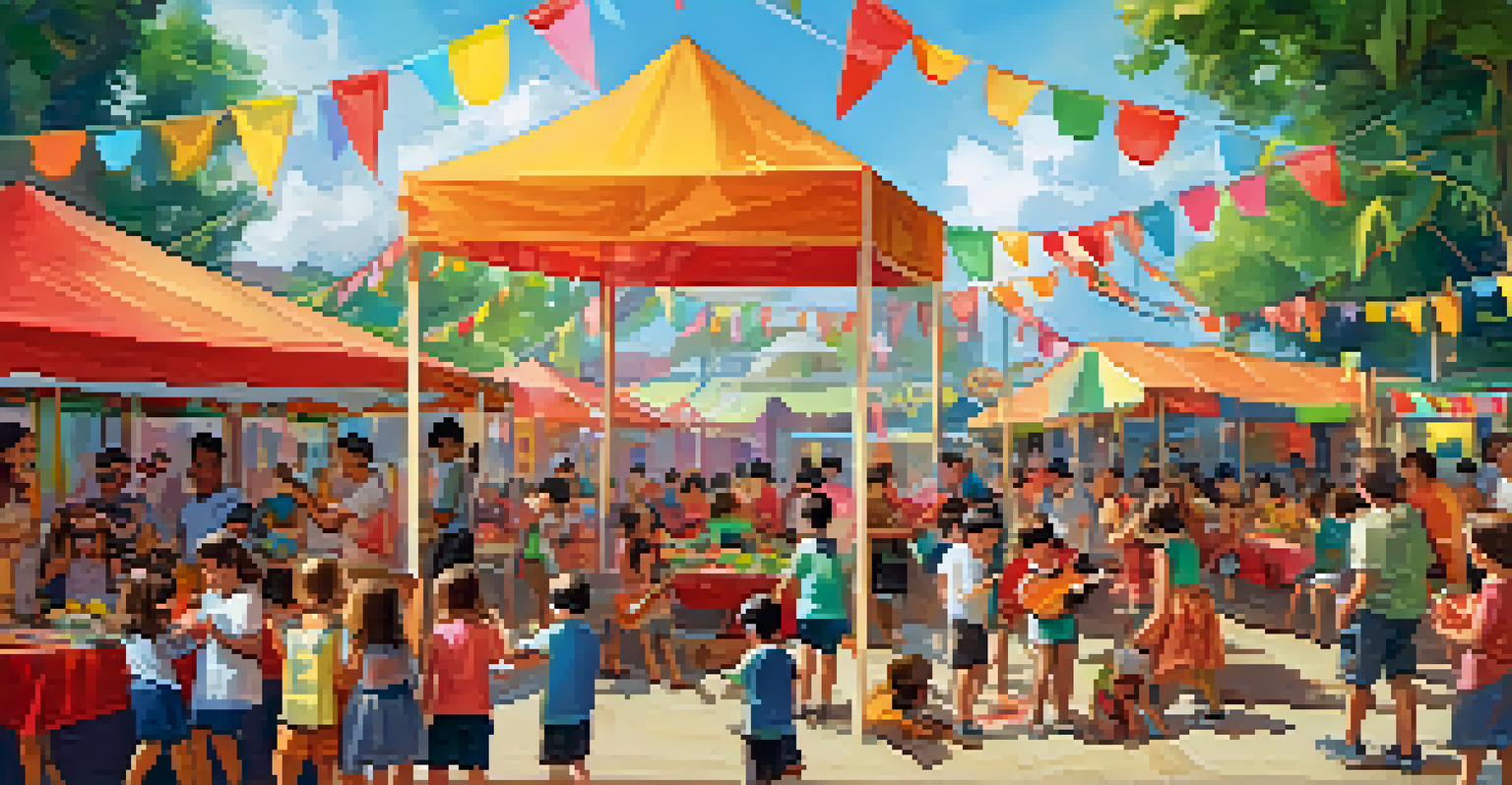 Children playing interactive games at a ukulele festival, surrounded by colorful decorations and parents watching.