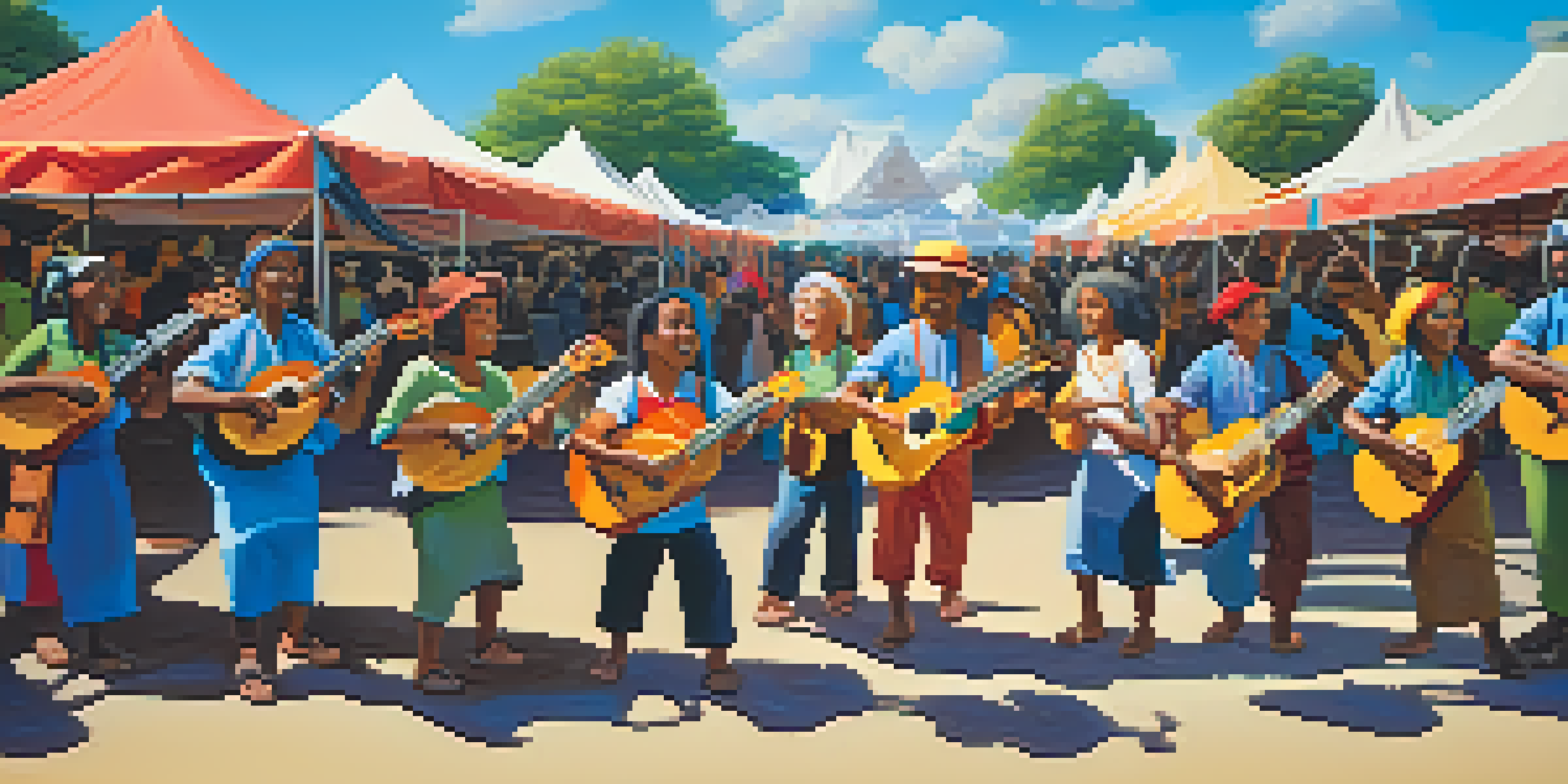 A diverse group of musicians playing ukuleles at an outdoor music festival, surrounded by colorful tents and a lively audience.