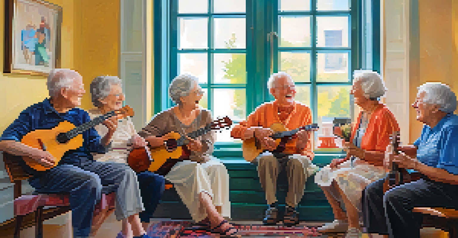 A group of seniors in a circle, joyfully participating in a ukulele lesson together.