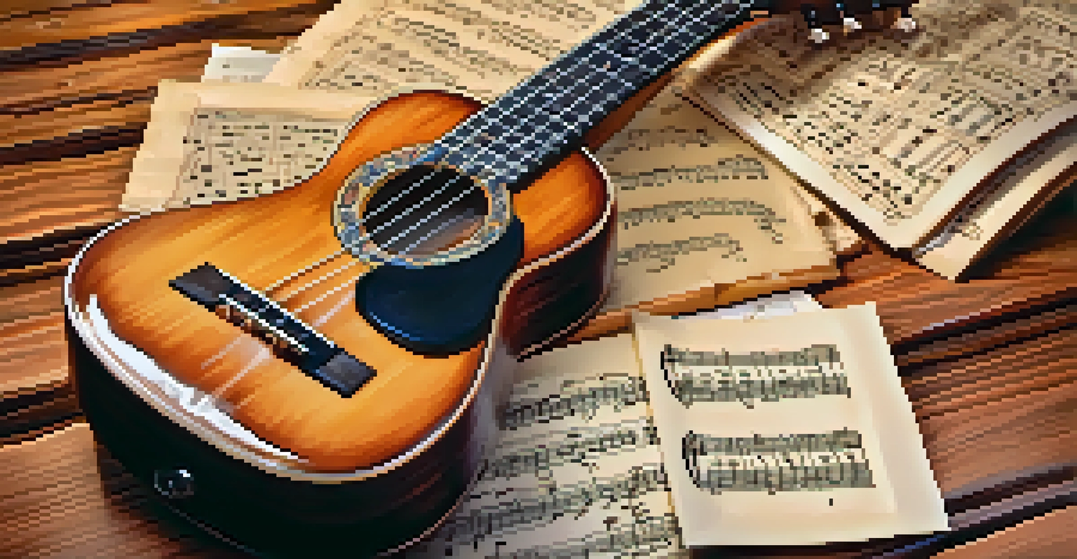 A close-up of a ukulele on a wooden table, highlighting its craftsmanship with sheet music in the background.