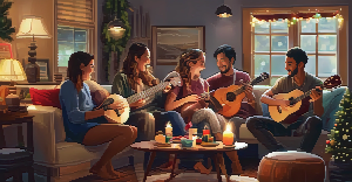 A family gathered in a cozy living room, playing ukuleles and enjoying snacks during a jam session.