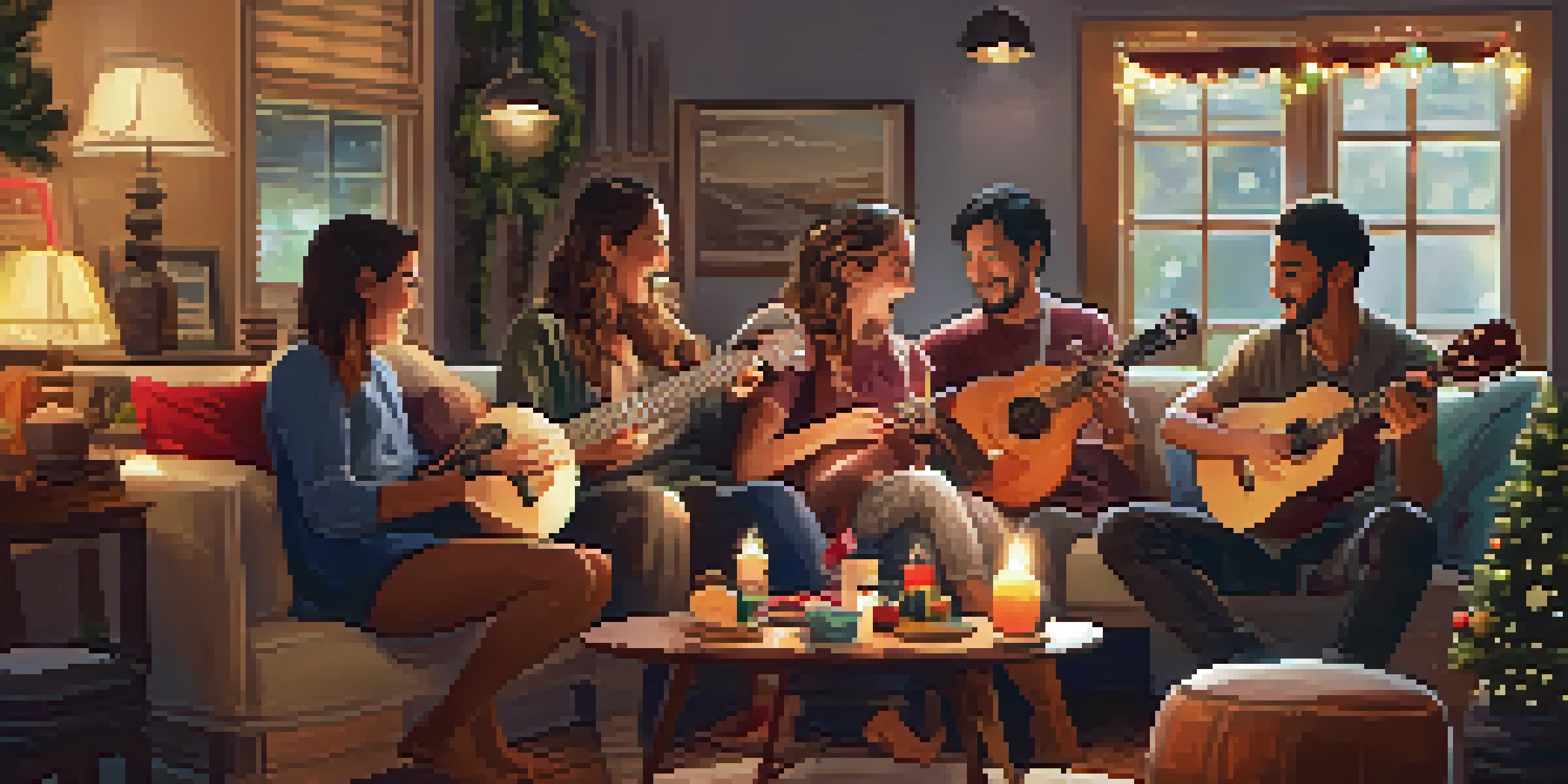 A family gathered in a cozy living room, playing ukuleles and enjoying snacks during a jam session.