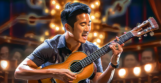 A close-up image of a male ukulele player performing passionately on stage, showcasing the details of the instrument.