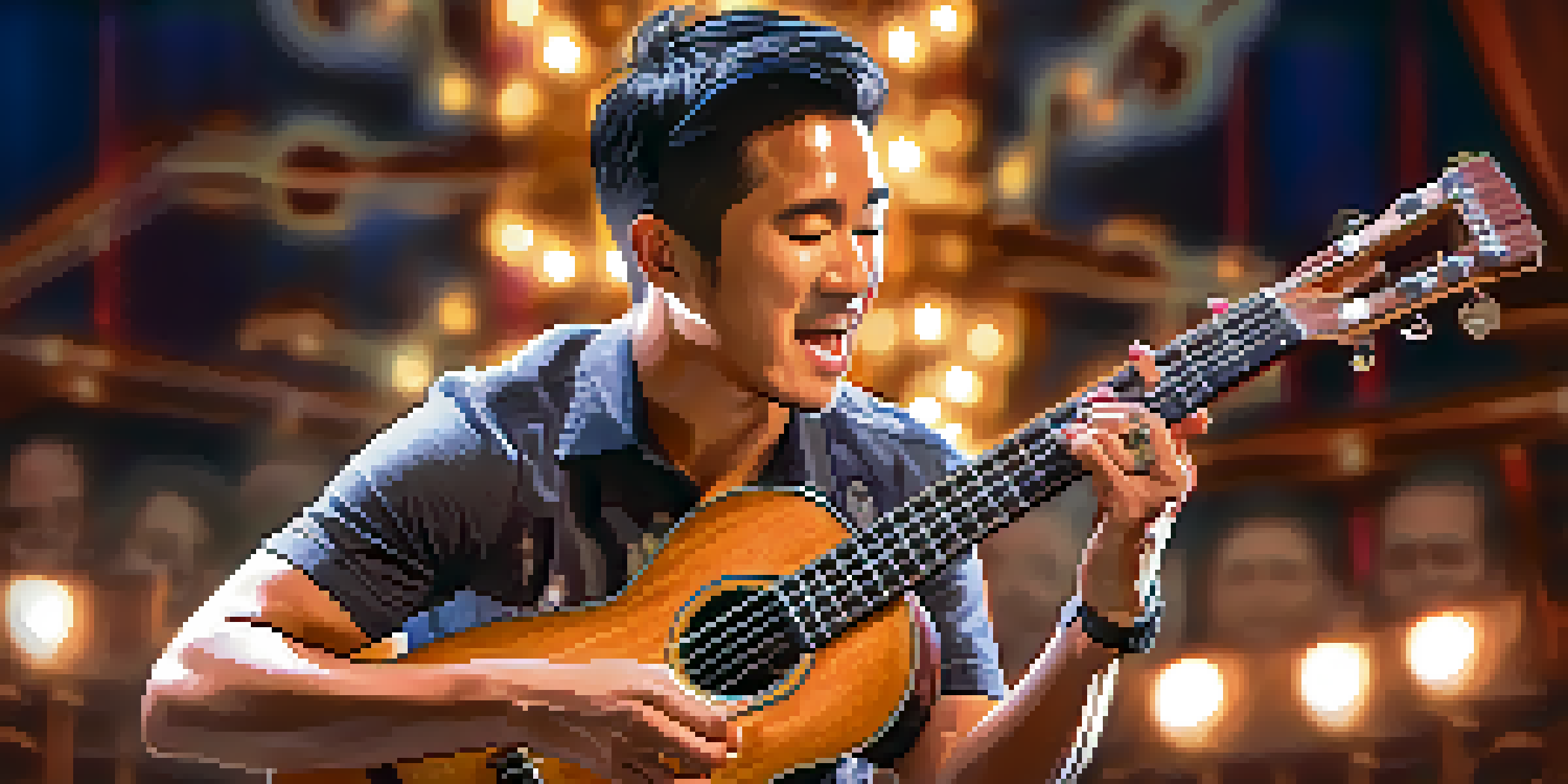A close-up image of a male ukulele player performing passionately on stage, showcasing the details of the instrument.