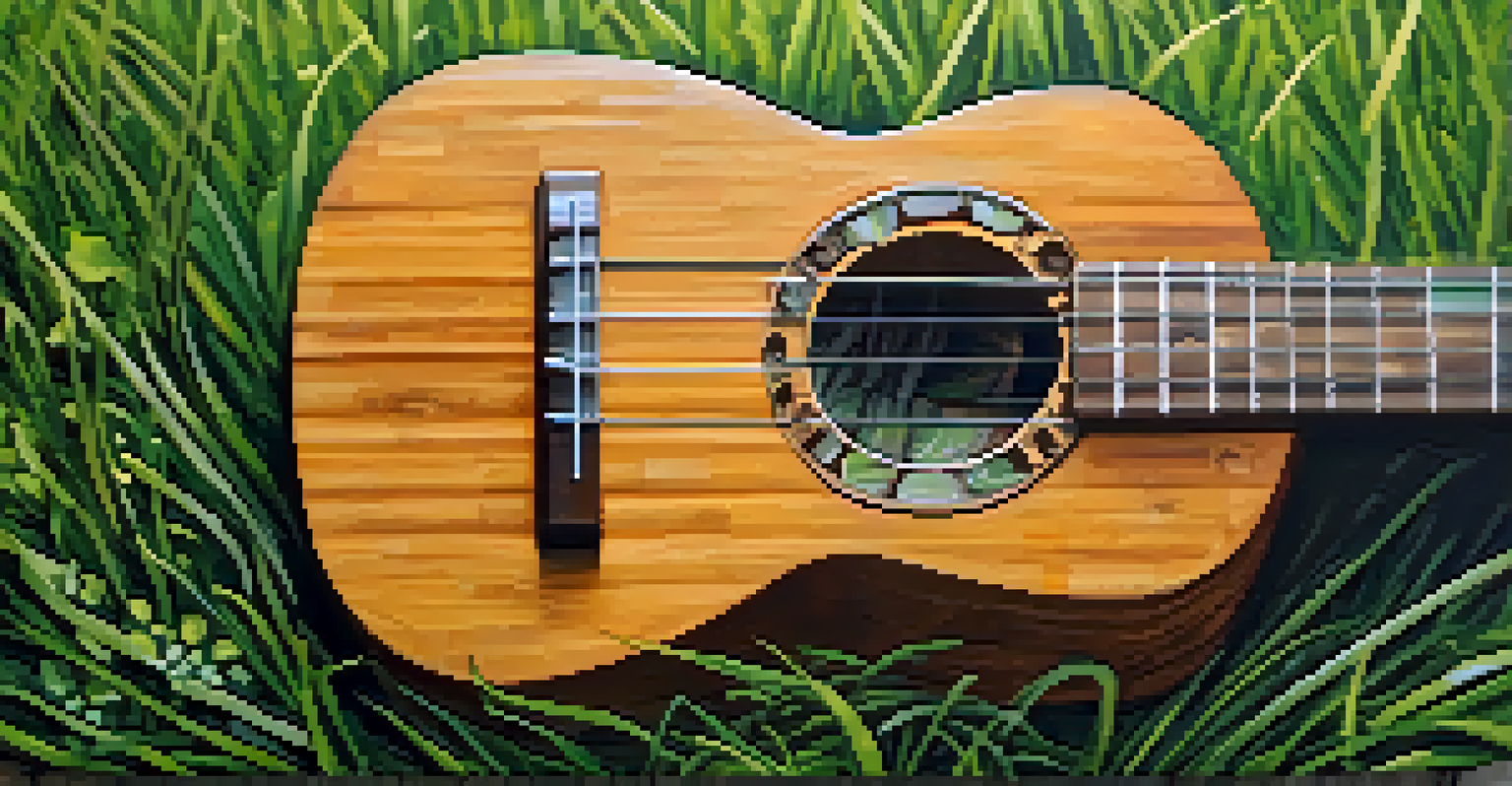 A close-up of a reclaimed wood ukulele on green grass, showcasing its unique textures with morning dew glistening in sunlight.