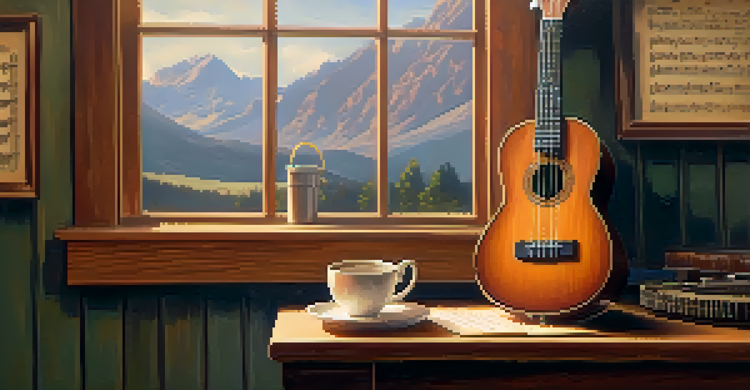 A vintage ukulele on a wooden table next to a cup of tea and scattered sheet music in a cozy indoor setting.