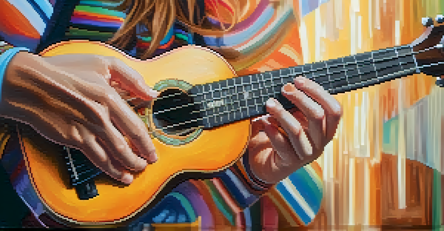 Close-up of hands playing a ukulele, showcasing vibrant strings and a wooden body, with a blurred background.