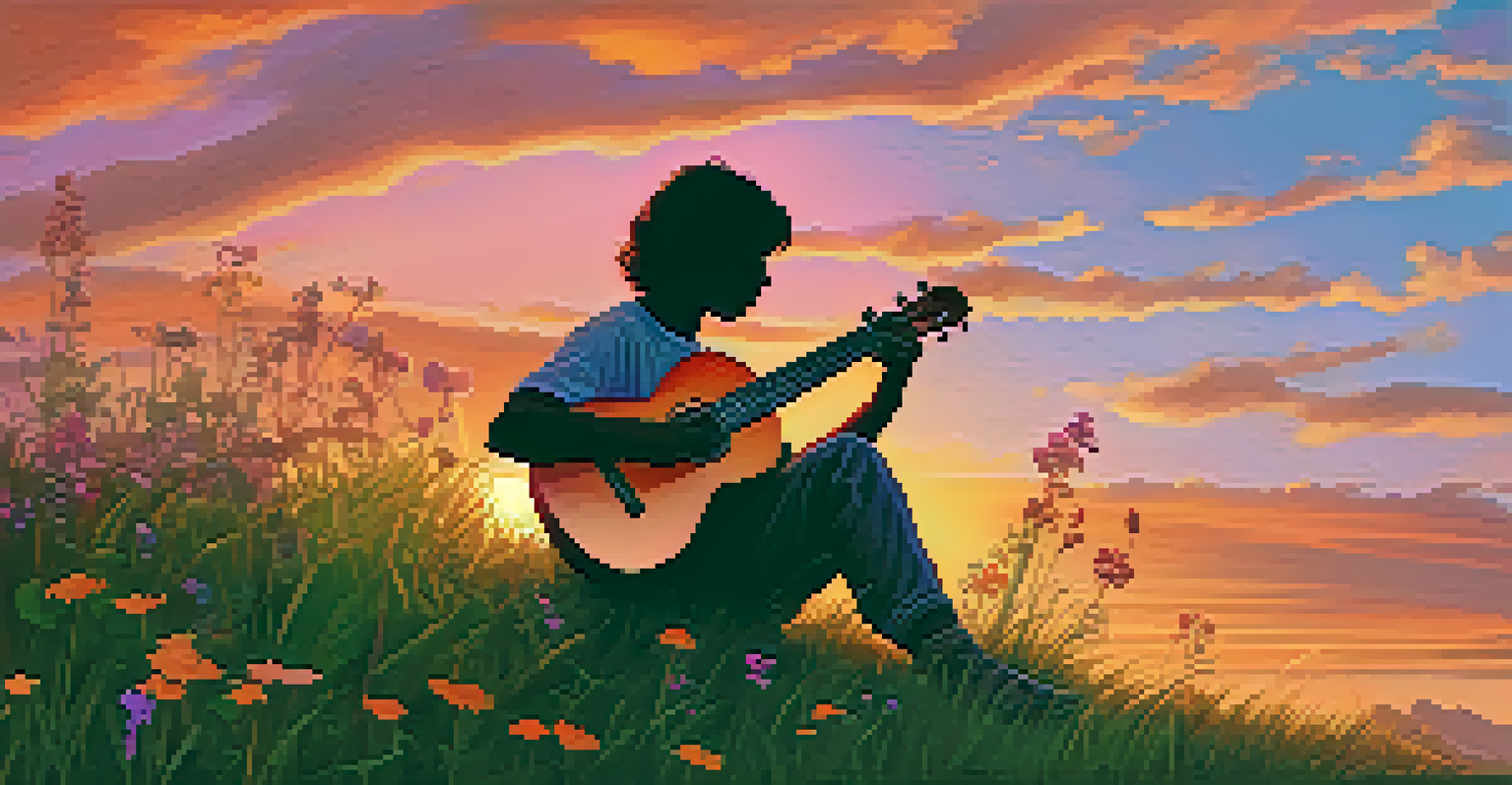 A silhouette of a ukulele player on a grassy hill during sunset, with vibrant orange and pink skies and wildflowers surrounding them.