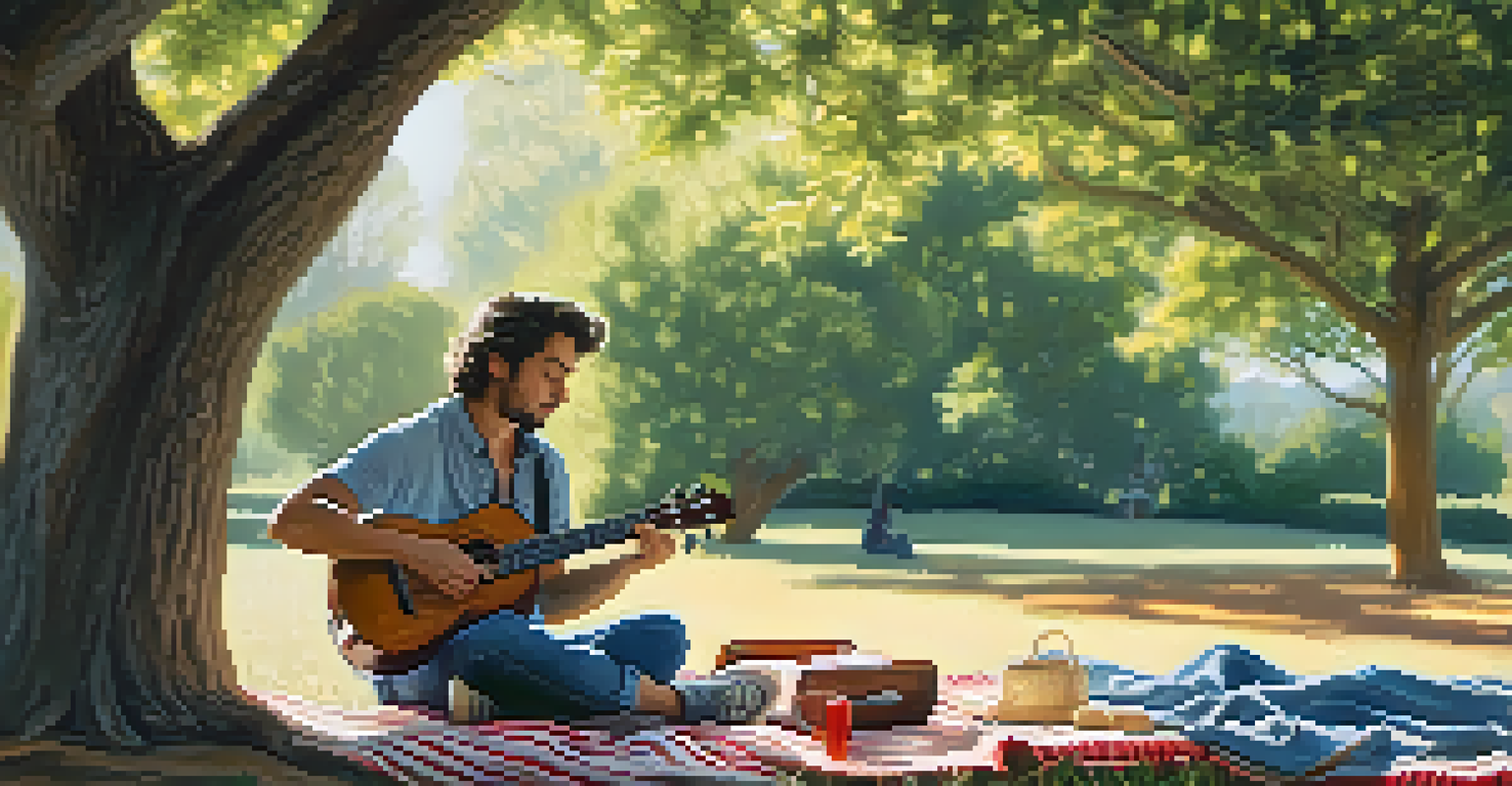 A musician tuning a ukulele outdoors with a digital tuner, seated on a blanket under a tree with sunlight filtering through the leaves.