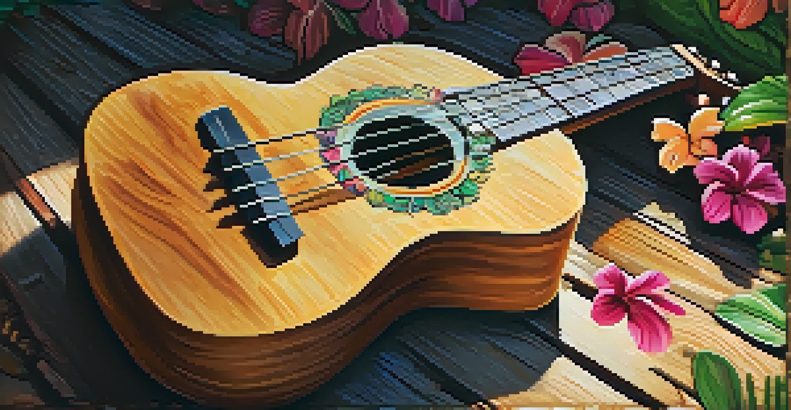 Close-up of a wooden ukulele on a wooden table with tropical flowers and sunlight.