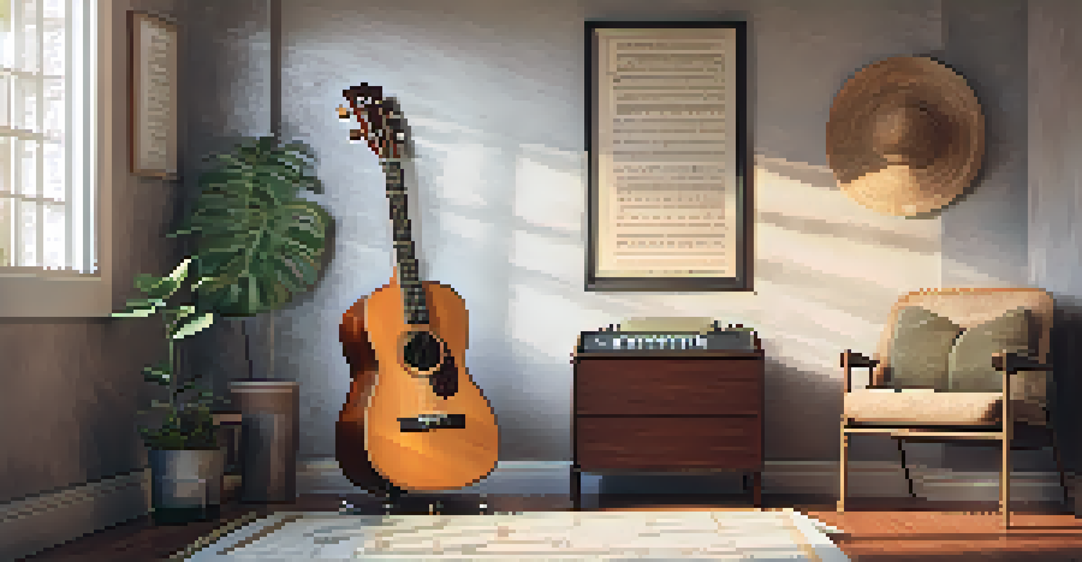 A cozy indoor space with a ukulele, music sheets, and warm lighting, creating a welcoming atmosphere for practice.