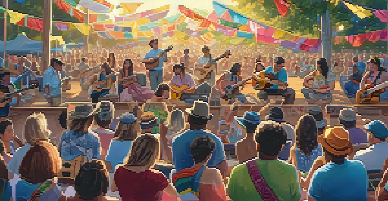 A lively ukulele festival with musicians performing on stage and an enthusiastic audience enjoying the music.