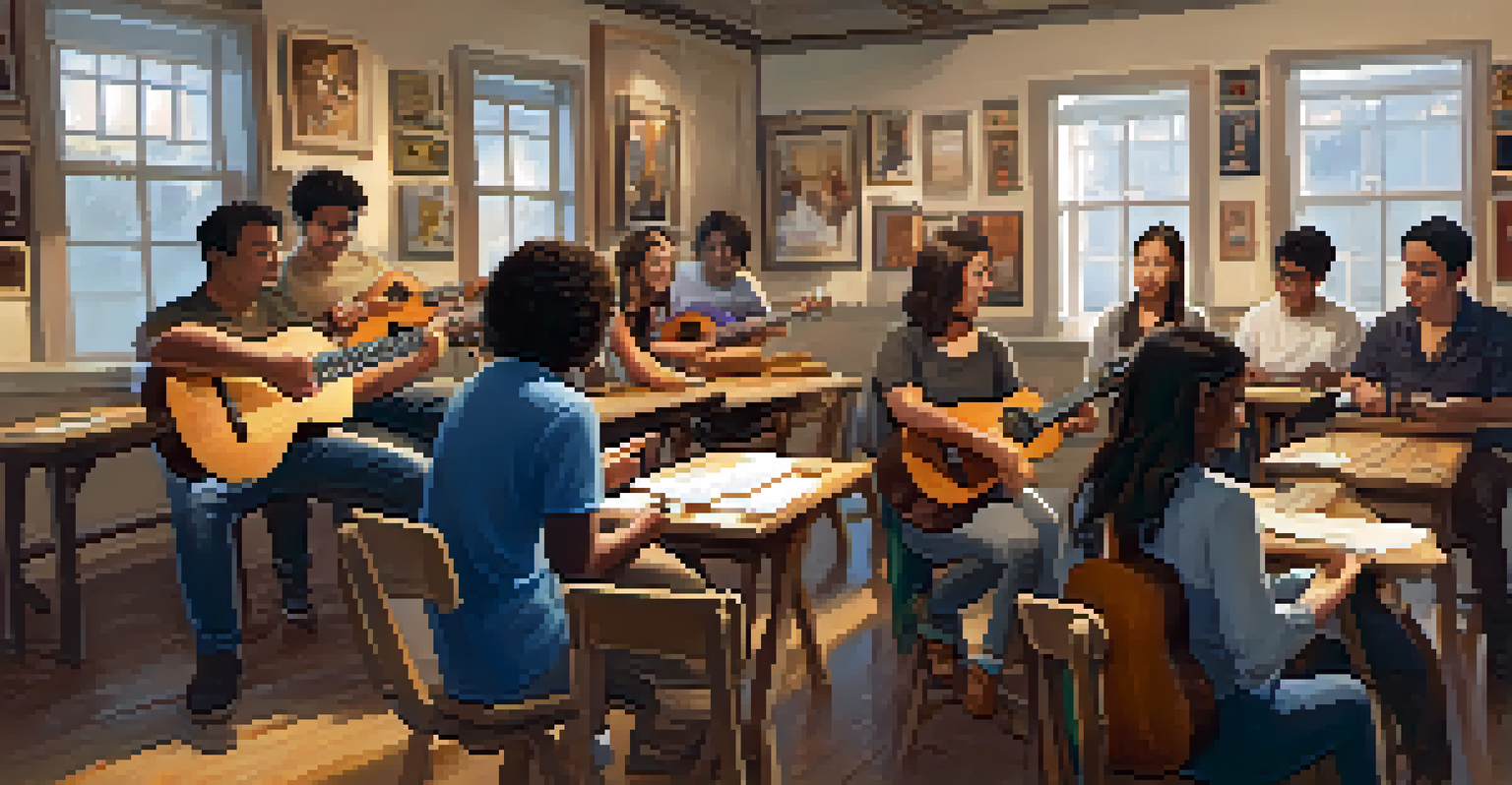 A cozy ukulele workshop with an instructor teaching a group of engaged learners in a warmly lit room.