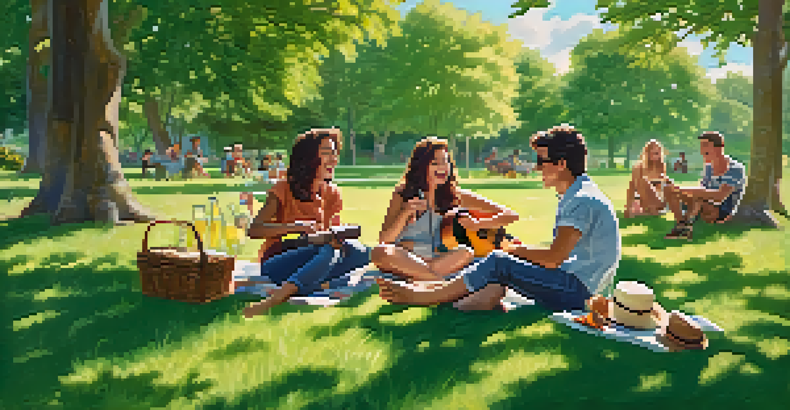 A group of friends enjoying a sunny day in a park, playing ukuleles and sharing joyful moments together.