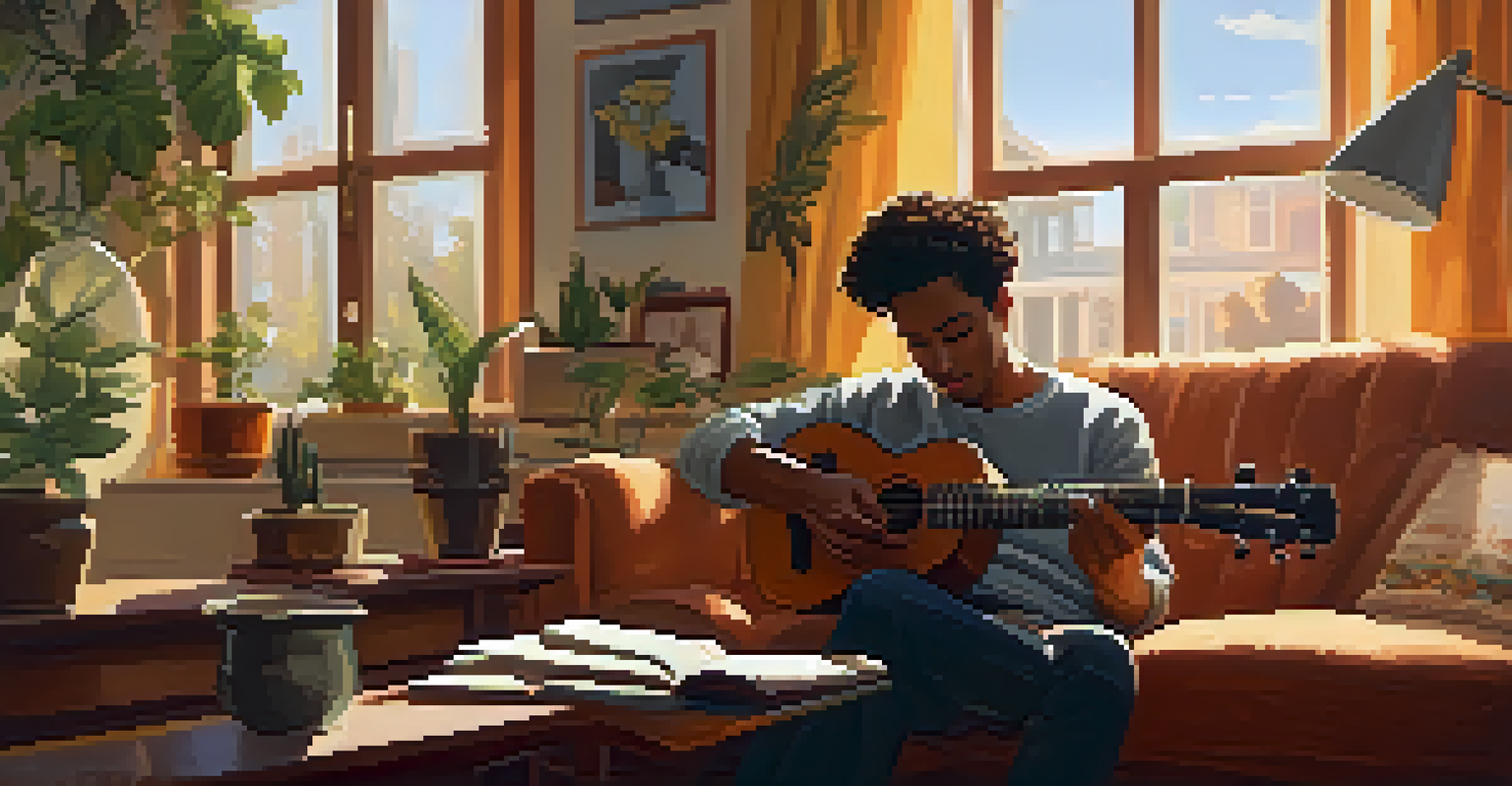 A musician tuning their ukulele in a cozy living room with warm sunlight.