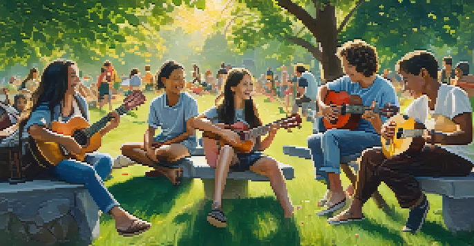 A group of young people in a park playing ukuleles together under the sun, surrounded by greenery and an audience.