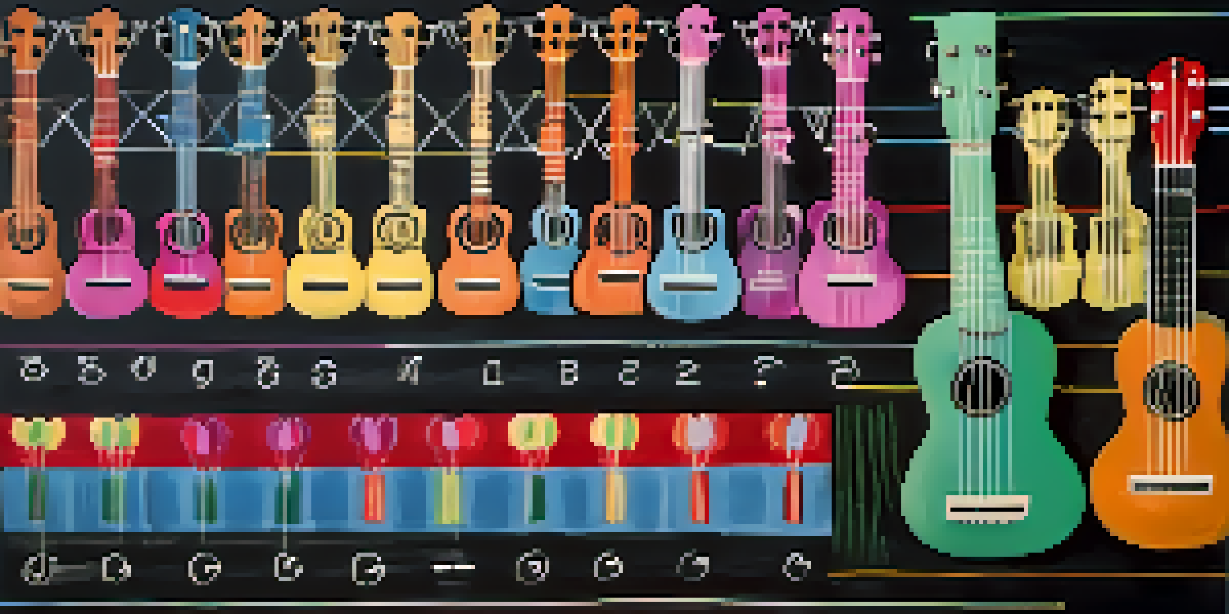 A chalkboard displaying ukulele strumming patterns with a ukulele and hands demonstrating strumming.