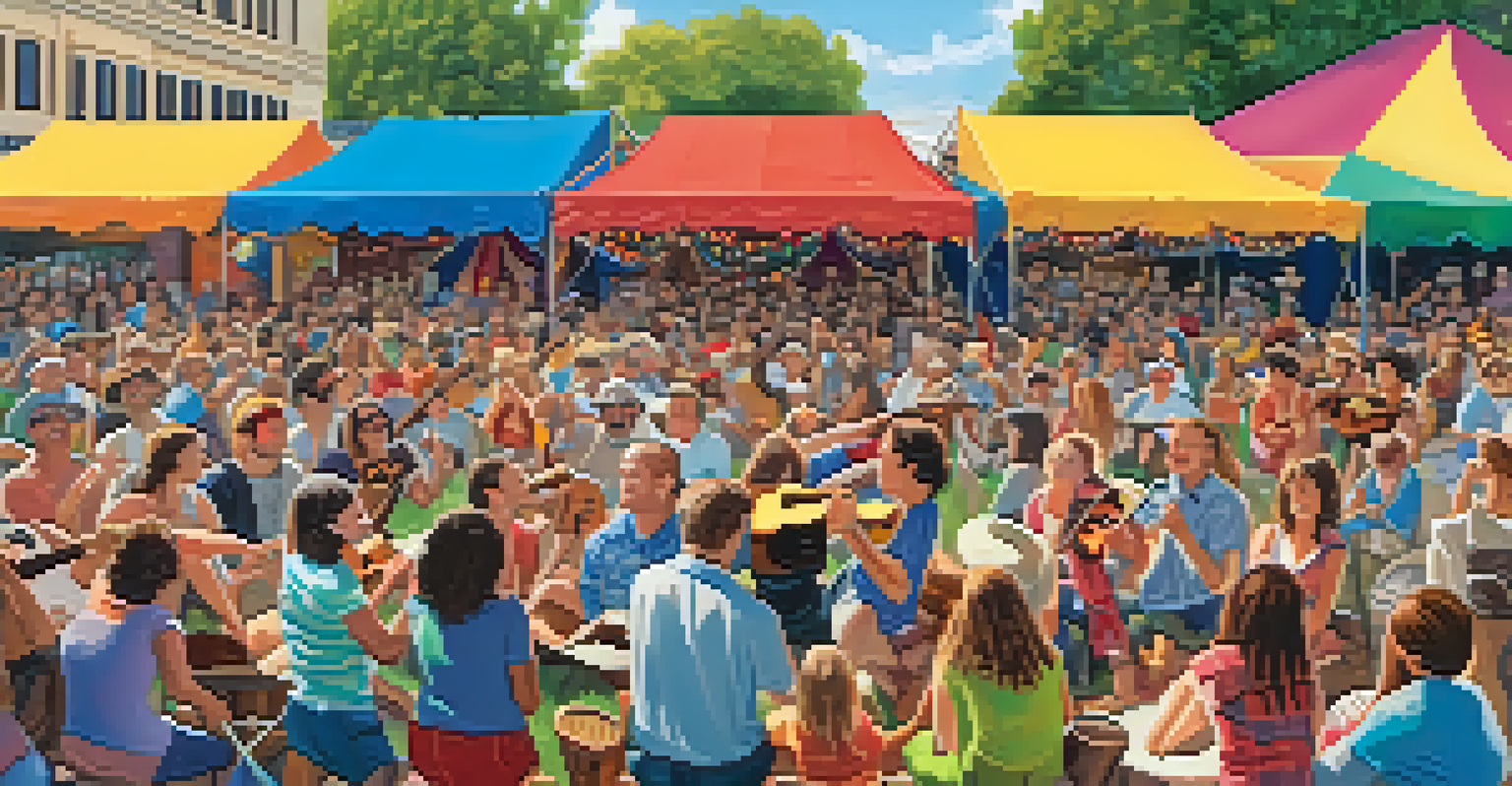 A lively outdoor ukulele festival with diverse musicians performing on stage and an enthusiastic audience enjoying the music on a sunny day.