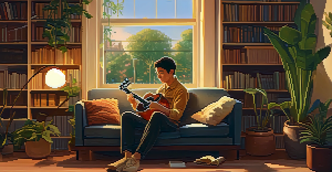 A musician sitting on a couch, playing a ukulele in a warmly lit room with books and plants around.