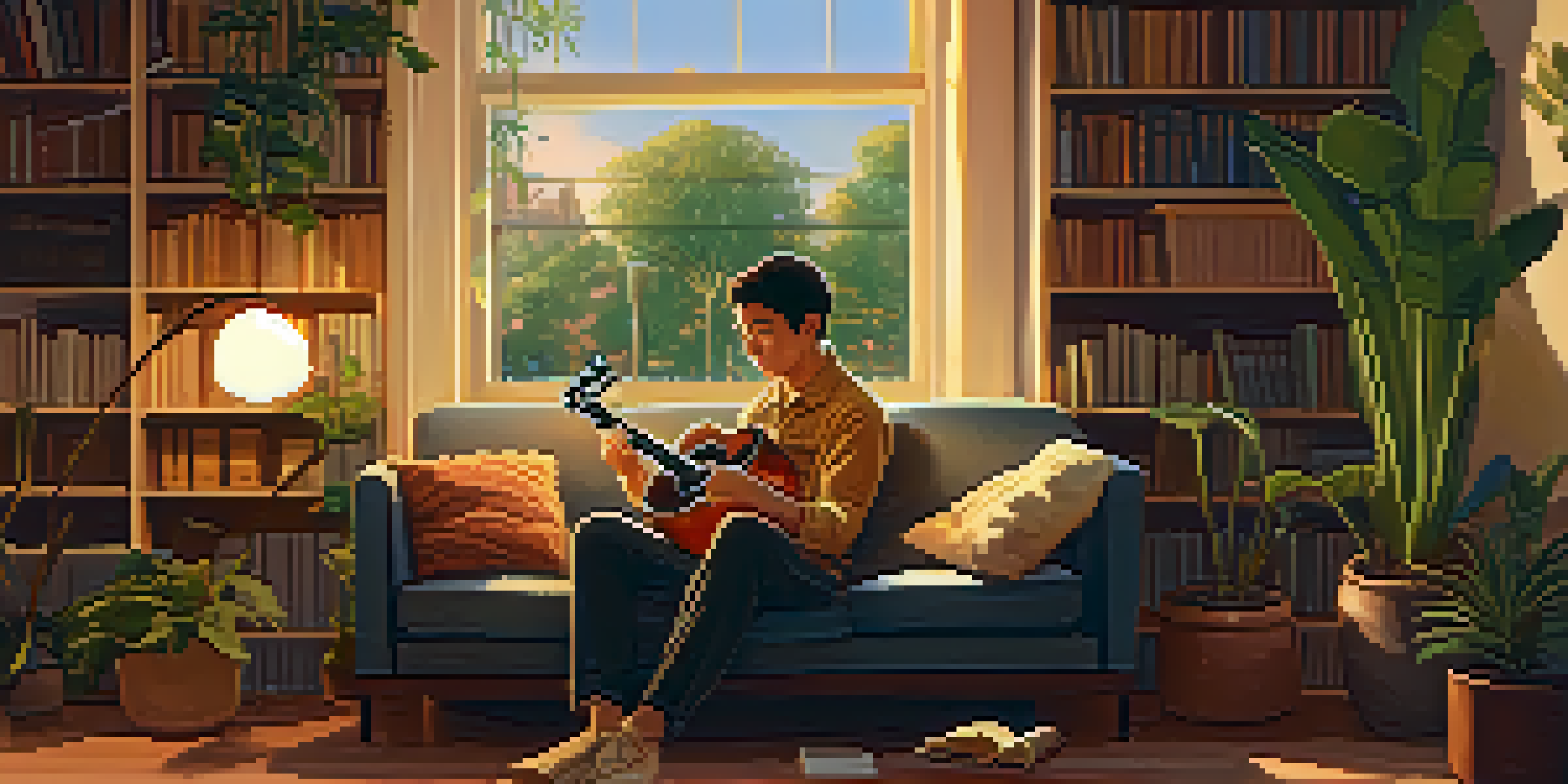 A musician sitting on a couch, playing a ukulele in a warmly lit room with books and plants around.