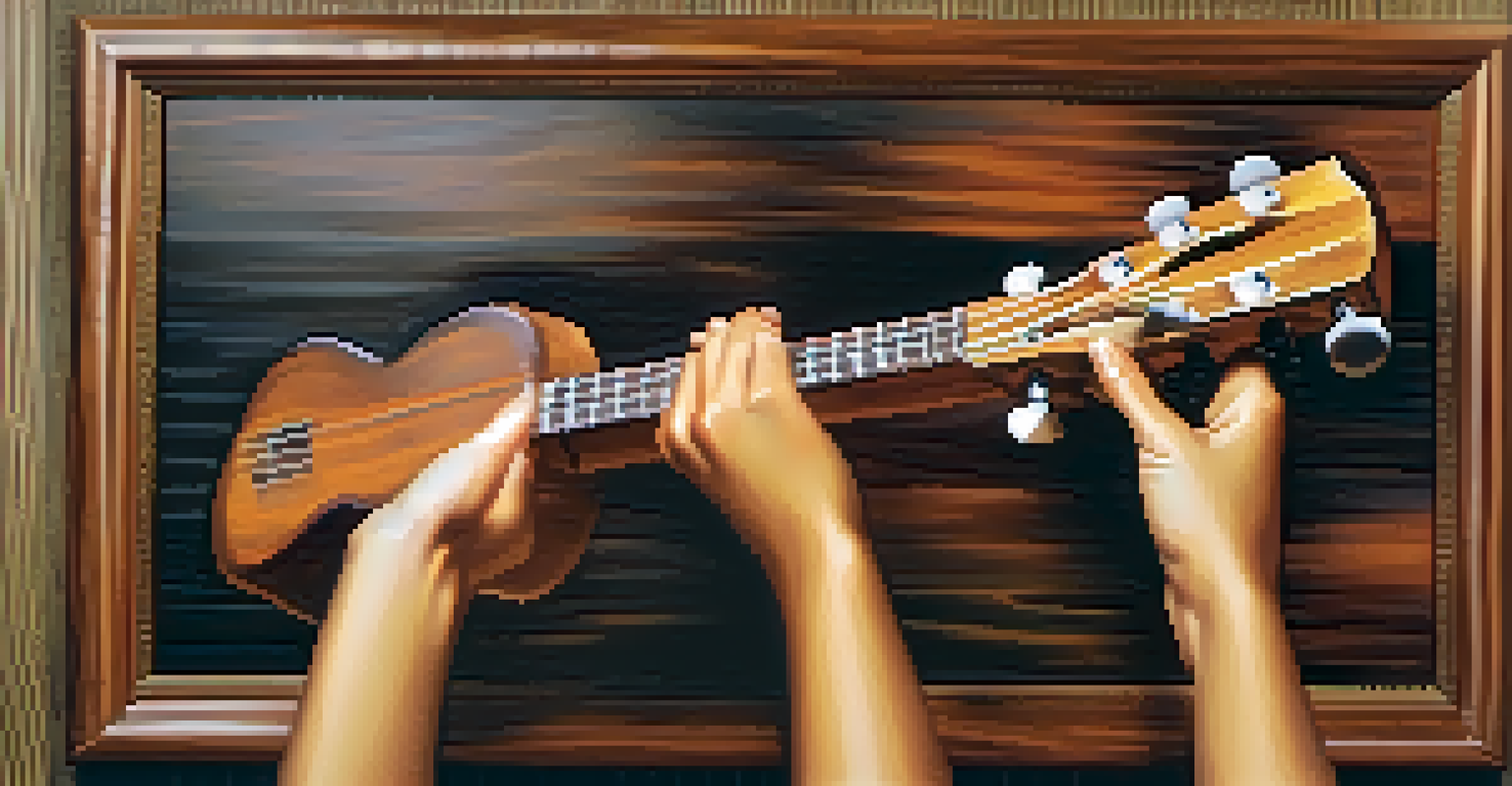 Blurred hands demonstrating slap and tap techniques on a ukulele, with a textured wooden background.